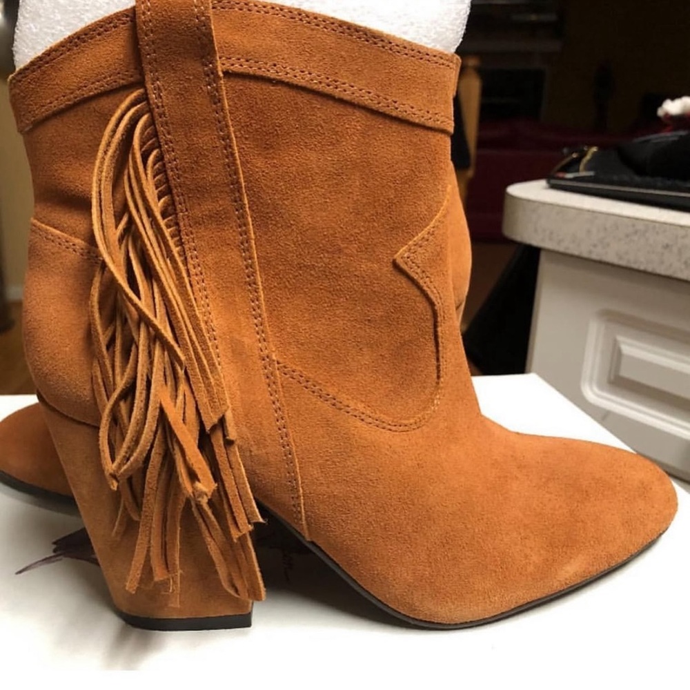 Jessica Simpson Tan Heeled Boots with Fringe and Chunky Heel